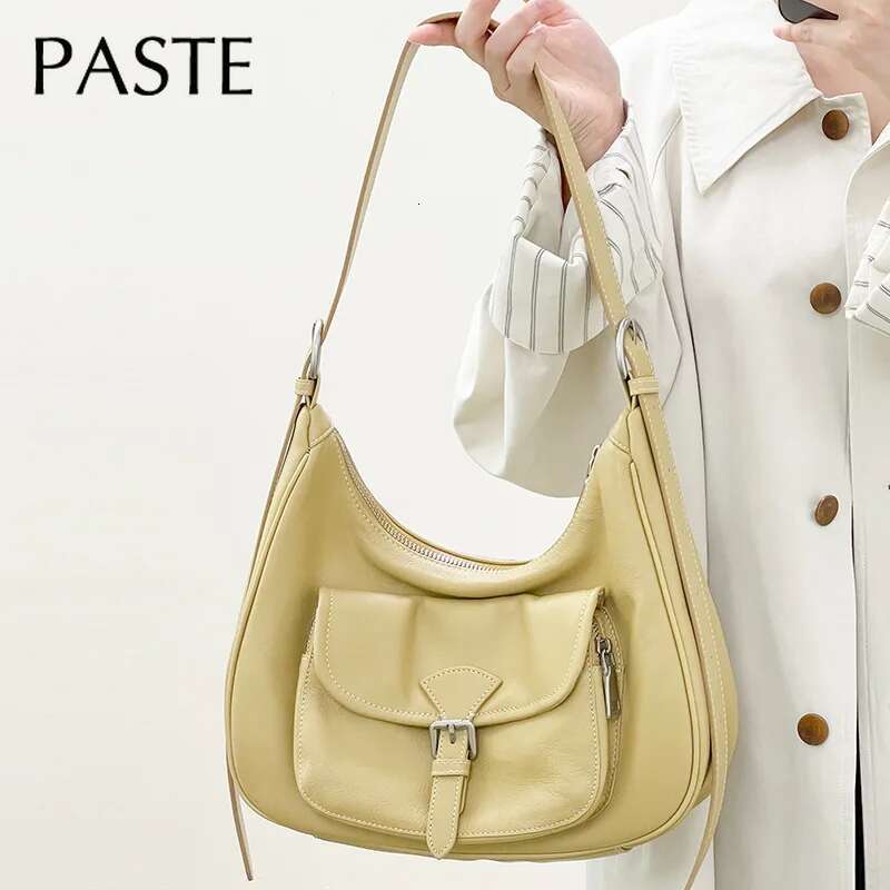 New Euro Stylish Cream Beige Light Yellow Color Armpit Tote 100% Genuine Cow Leather Women Shoulder Bag Leisure Handbag 2025