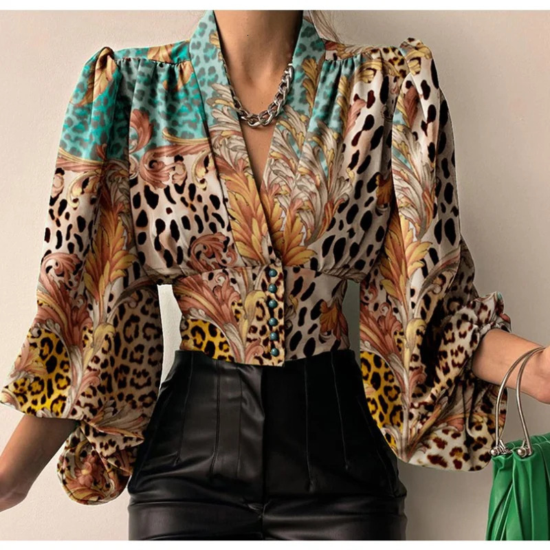 Heat resistant short top for women with fashionable buttons Vneck lantern sleeves Tshirt womens clothing printed shirt 250311