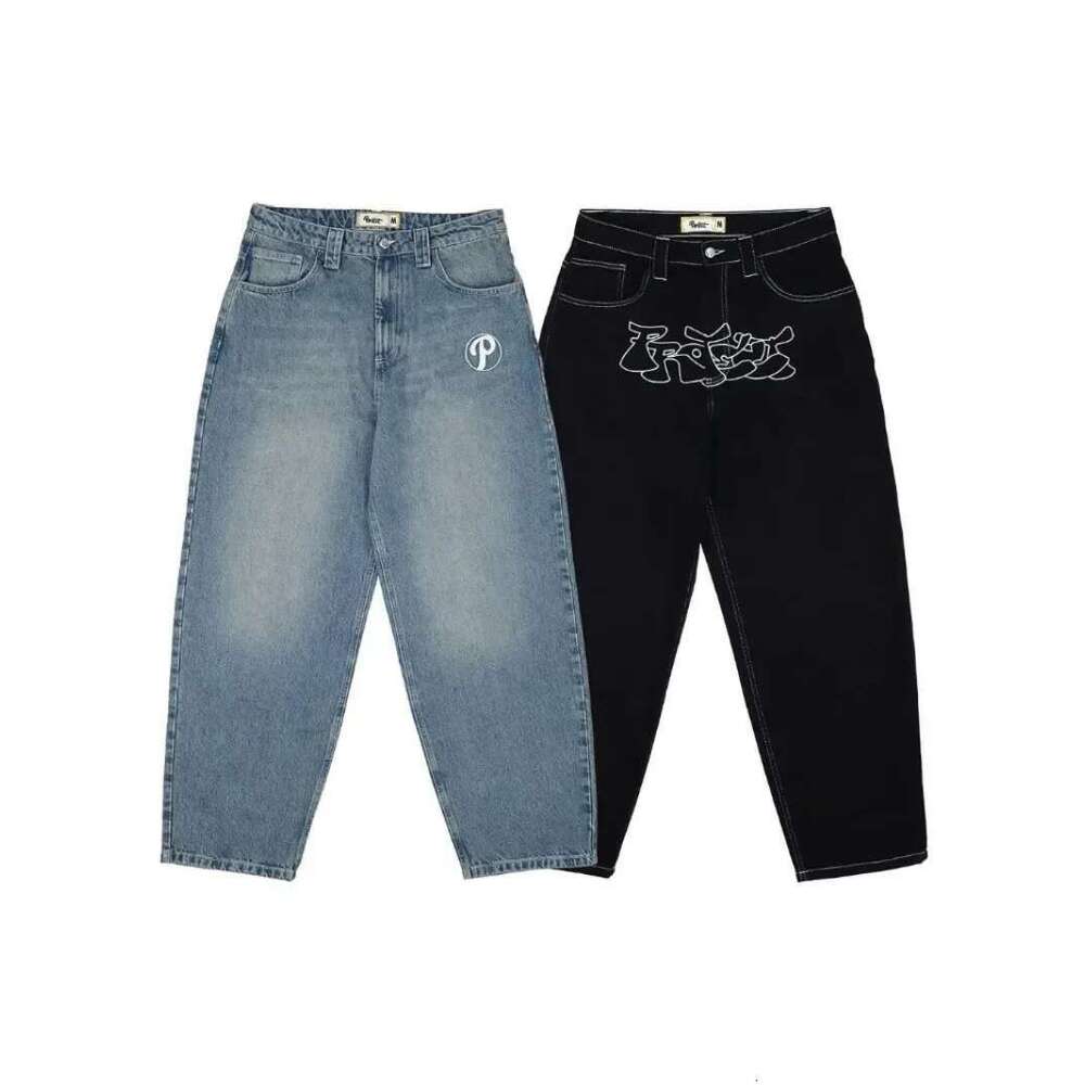 Jeans Jeans PROTECT Streetwear Y2k Mens Pants Haruku Hip Hop Letter Embroidery Vintage Blue Baggy Jeans High Waist Wide Leg Trouser