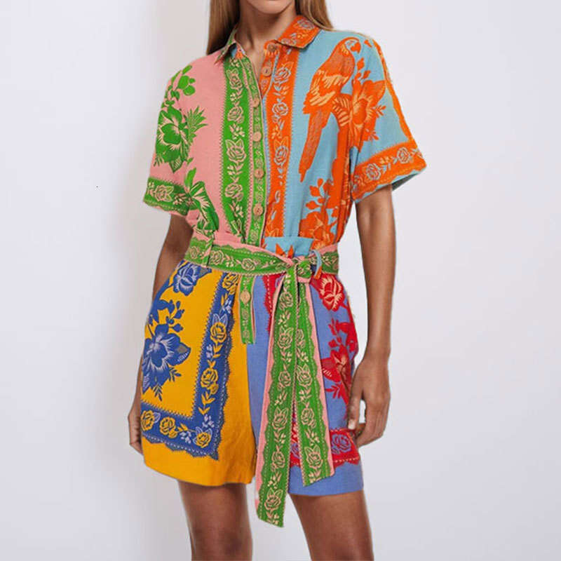 2025 Spring Women's Flip Collar Printed Color Blocked Short Sleeve Fashion Casual Jumpsuit KLMY