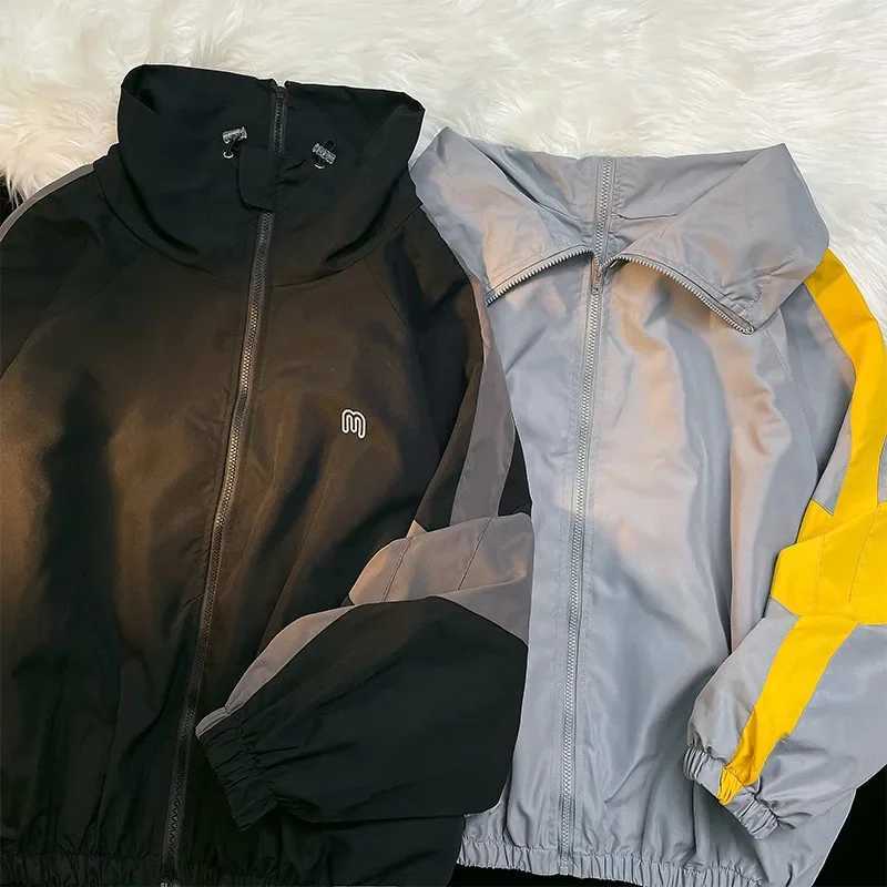 Vintage American Style Loose Fit Men Womens Jacket Thin Spring Autumn Quilted Stand Collar Jacket Color Block Couple TrenchcoatT250311