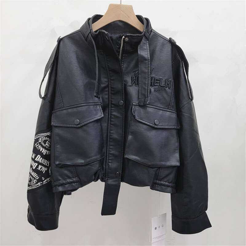2024 Spring And Autumn New Western Style Motorcycle Jacket Printed High Waist Look Slimming Water Washed PU Leather Outer Cover Trendy