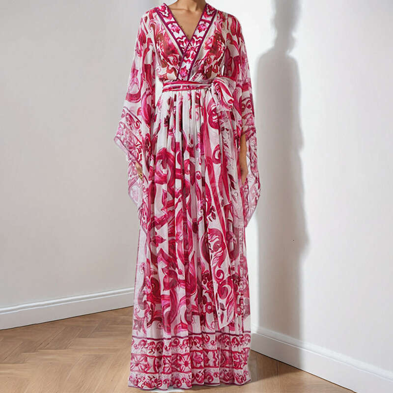 Women's Clothing 2025 Blue White Porcelain Printed Skirt Women, Showing A Slim Elegant Temperament, Long Sleeved And Large Swing Dress For Women 
