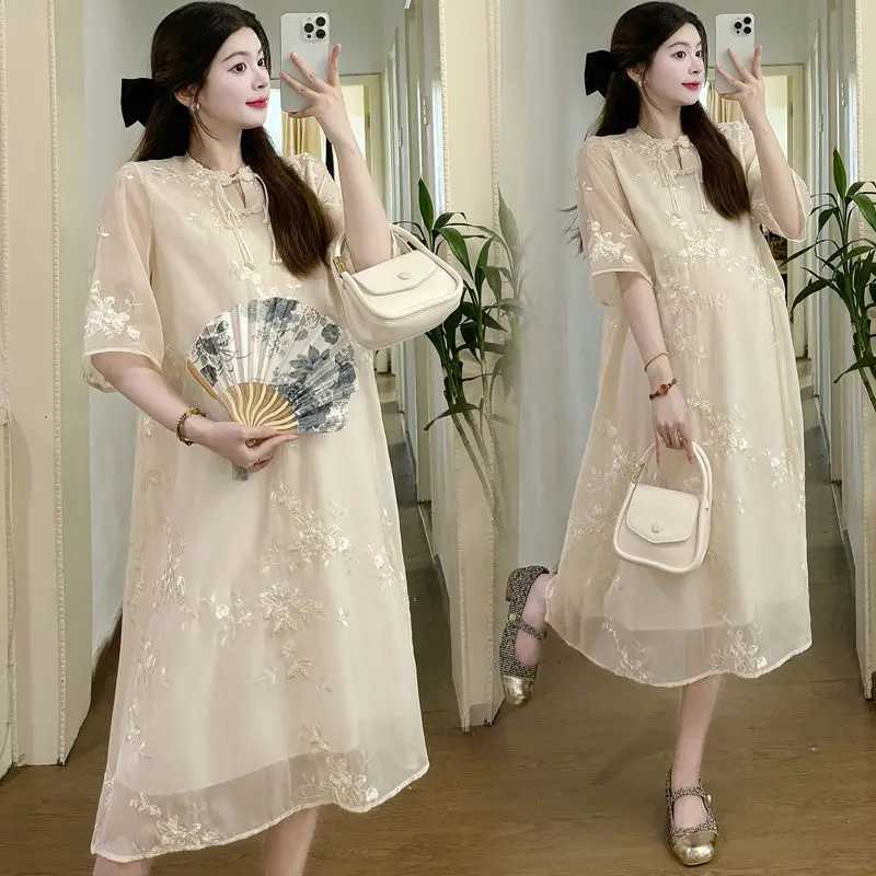 Chinese Embroidered Improved Hanfu Maternity Dress 2024 Summer Fashion Loose Maternity Dress Pregnant womens long dress LF902T250311