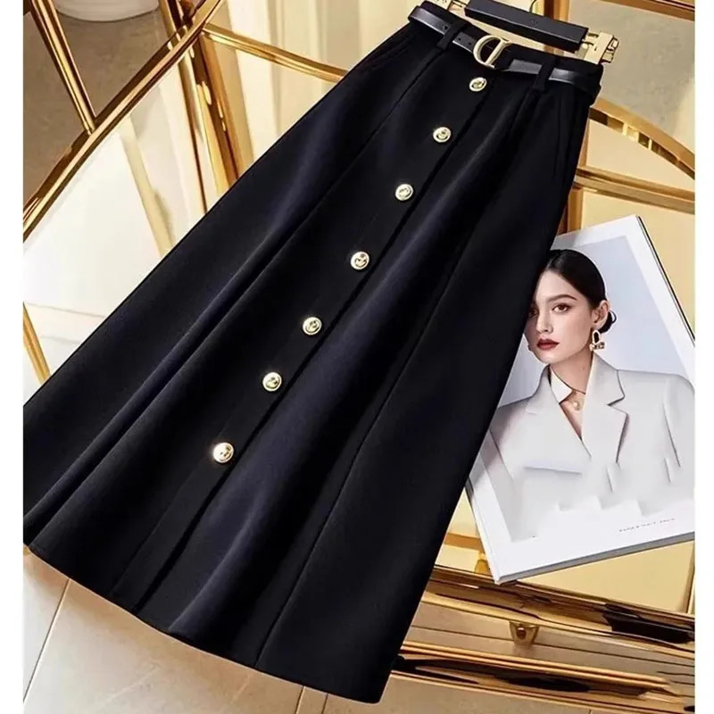 Highend Ladies Aline Long Skirts Autumn Winter Feminine Solid Color High Waist Skirt Korean Women Fashion Leisure Maxi Ski 250311