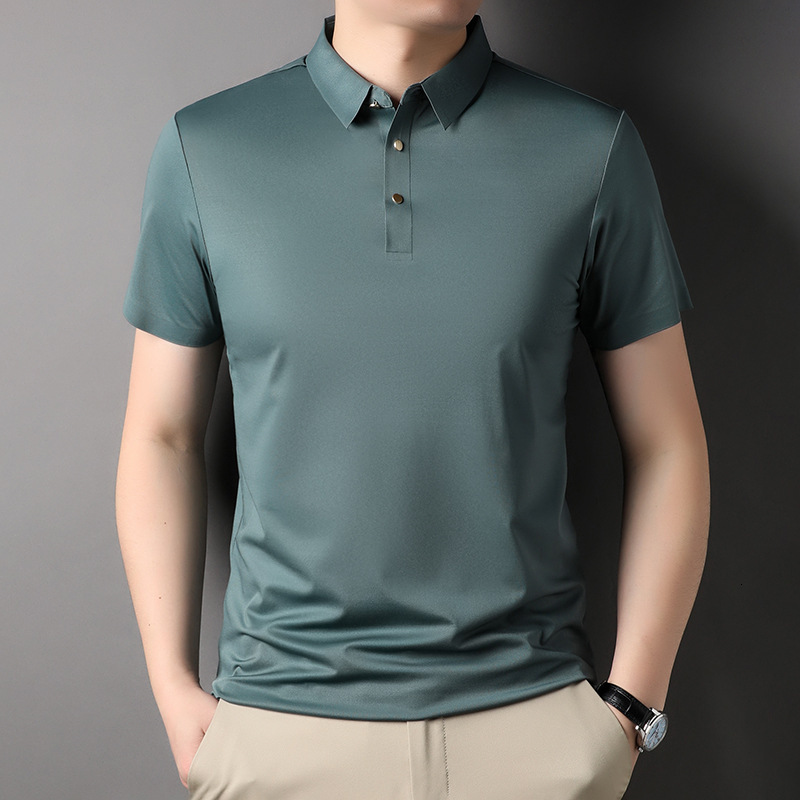 Ice silk short sleeved polo shirt, business casual formal wear, no iron high-end pure color high elasticity t-shirt, men's light luxury tracksuit