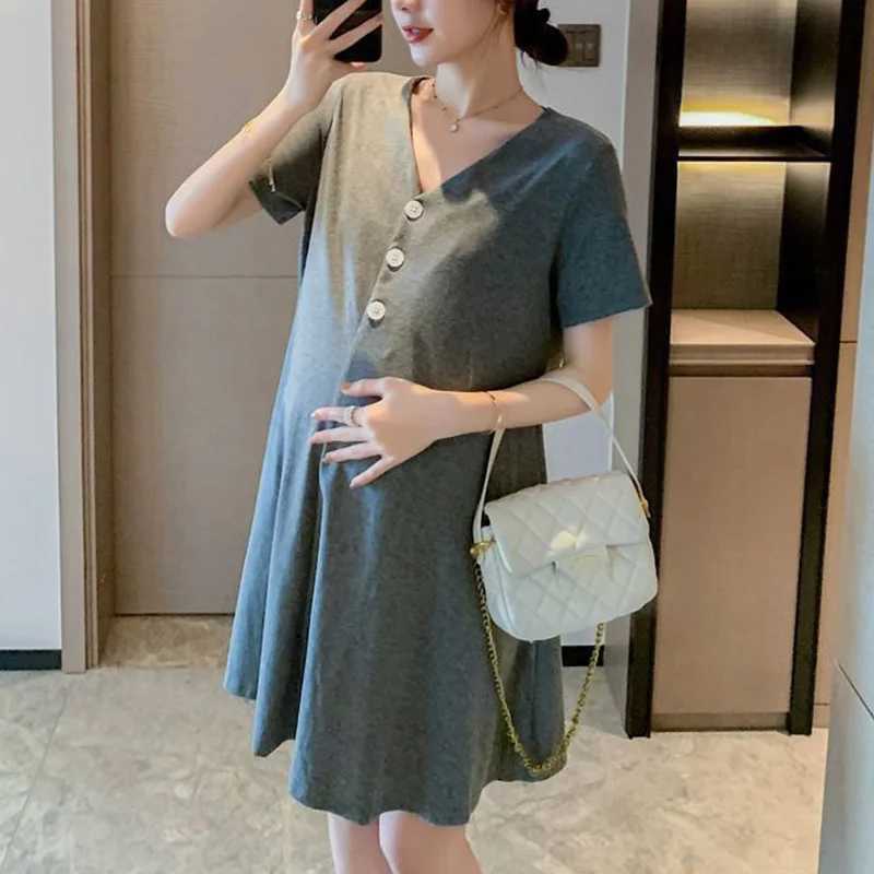 Summer Fashion Maternity Short Sleeves Long Dress Elegant A Line Slim Waist Loose Clothes for Pregnant Women Casual PregnancyT250311