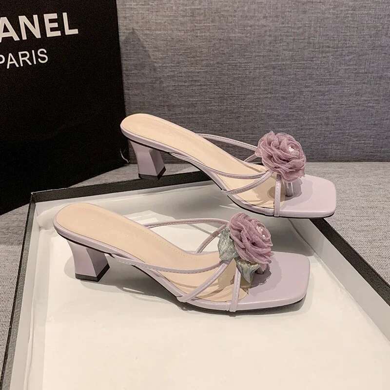 De Mujer Sandalias Summer Fashion Lace wer Square Toe Women's High Heel Sandals Beach Slippers atos