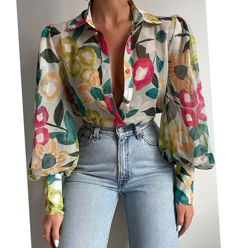 Fashion Lapel Lantern Sleeve Blouses Spring Office Lady Vintage Floral Print Shirts Tops Button Up Long Shirt 21620 250310