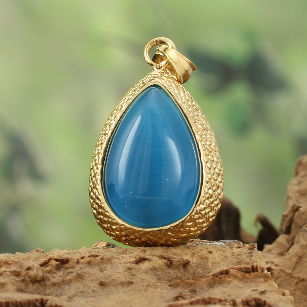 Classic Stainless Steel Cat Eye Stone Waterdrop Pendant Necklace Sweater Chain