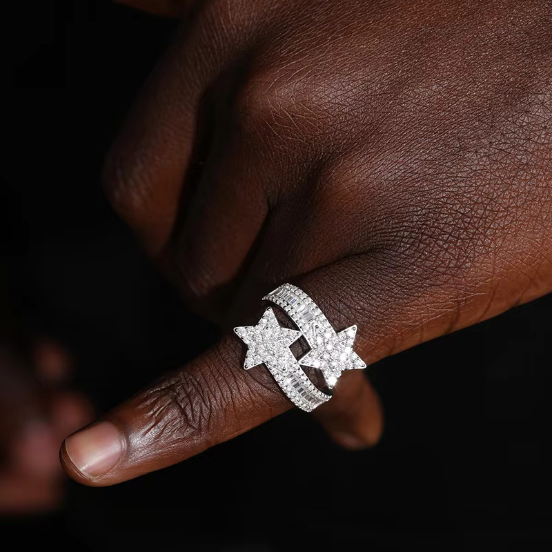 Luxury Engagement Jewelry Gift 925 Sterling Silver VVS Moissanite Diamond Baguette Moissanite Star Ring