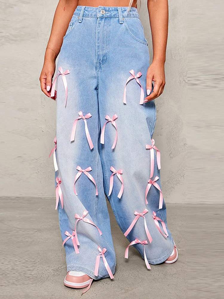 ner Bow High Rise Womens Jeans Wide Leg Denim Pants For Woman Washed with Pockets Baggy Denims Trousers 250311