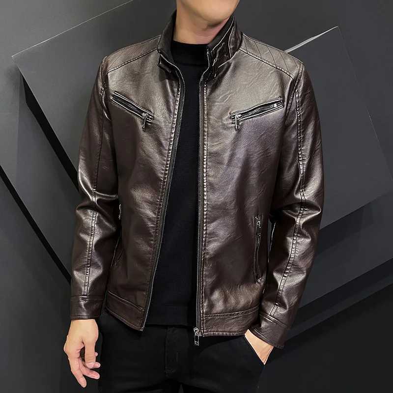New Zipper Stand Windproof Leather Coat Mens Motorcycle Leather Jacket Slim Fit Short-Coat Lapel PU Jackets Autumn Mens ClothingT250311