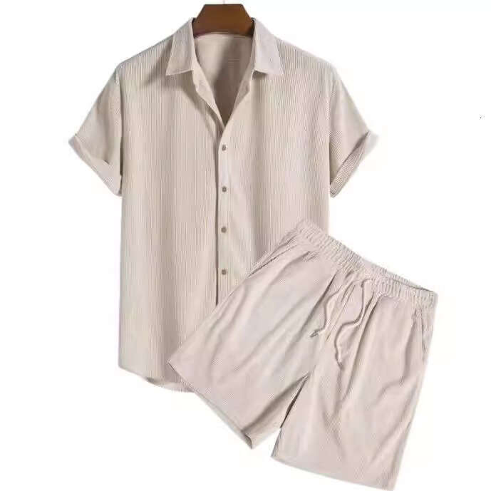 European and American men's loose multi-color beach wear corduroy short sleeved two-piece set, 2025 new casual versatile fashion clothing