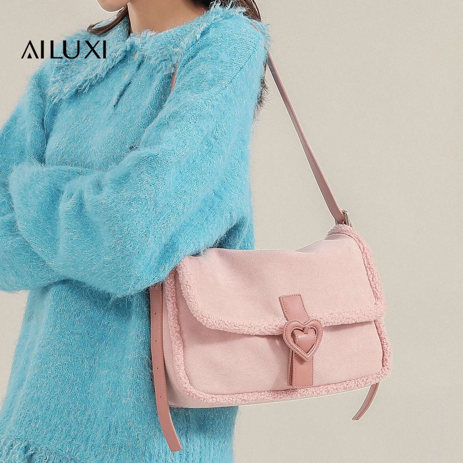 AII Tote For Valentine Women Pink Large Capacity Commuter Single Shoulder Handheld Crossbody Plush Bag Ramadan Gift