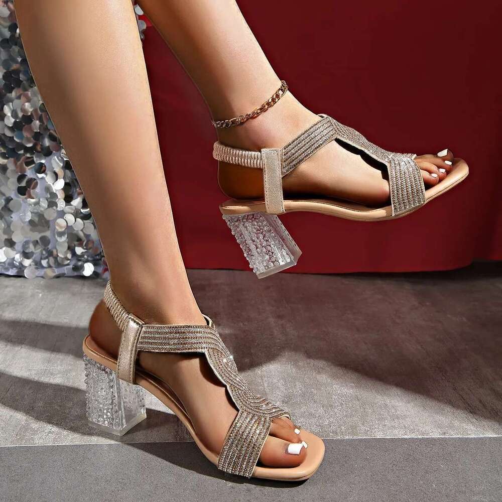 Sandals Summer Rhie Women Square Toe Buckle Strap Shoes 7CM Clear PVC Transparent High Heels Lady Party Dress Sandalias