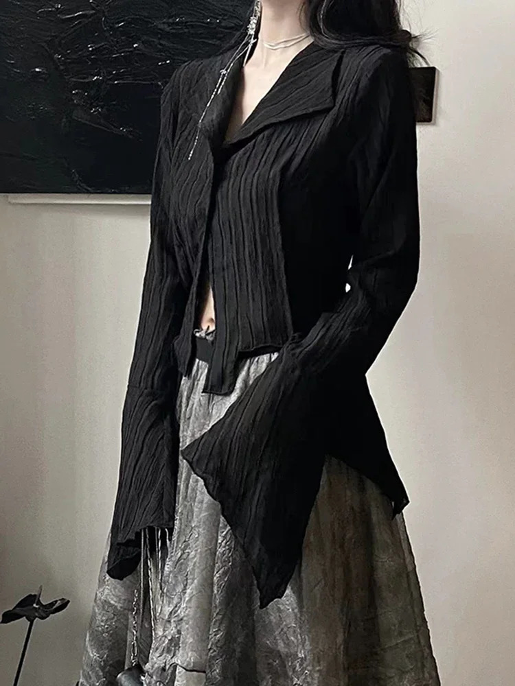 Black Harajuku womens retro streetwear Y2K shirt sexy Gothic long sleeved irregular fashion ultrathin spring top 250311