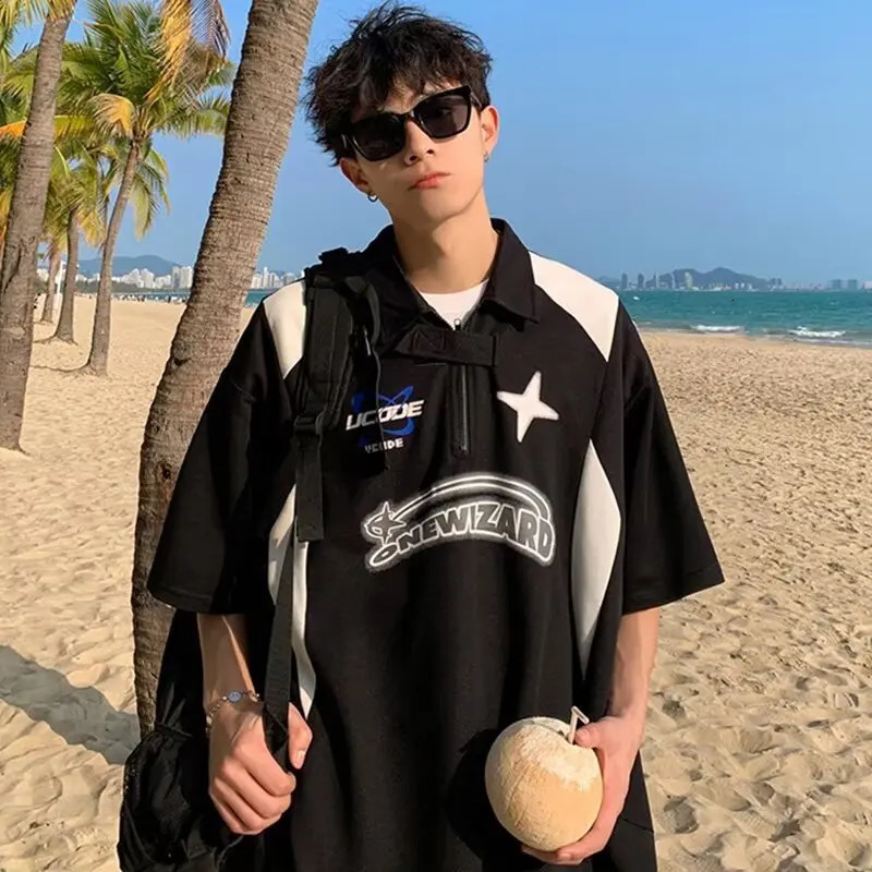 American retro short sleeved Y2k motorcycle style polo neck simple casual summer couple Tshirt top 250311