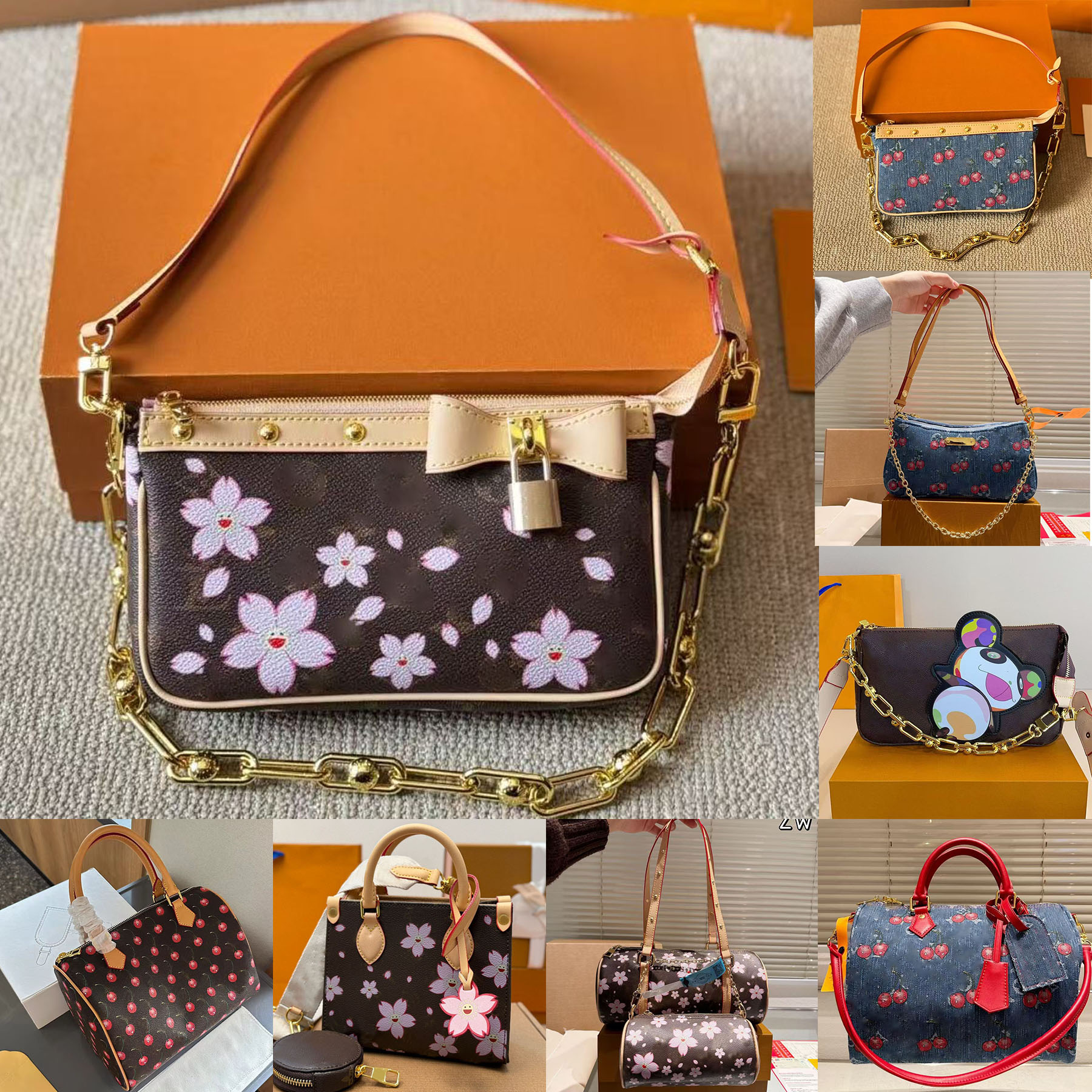 designer bags takashi murakami handbag cherry blossoms shoulder leather canvas colorful bag composite lady beach clutch tote woman purse wallets 10527