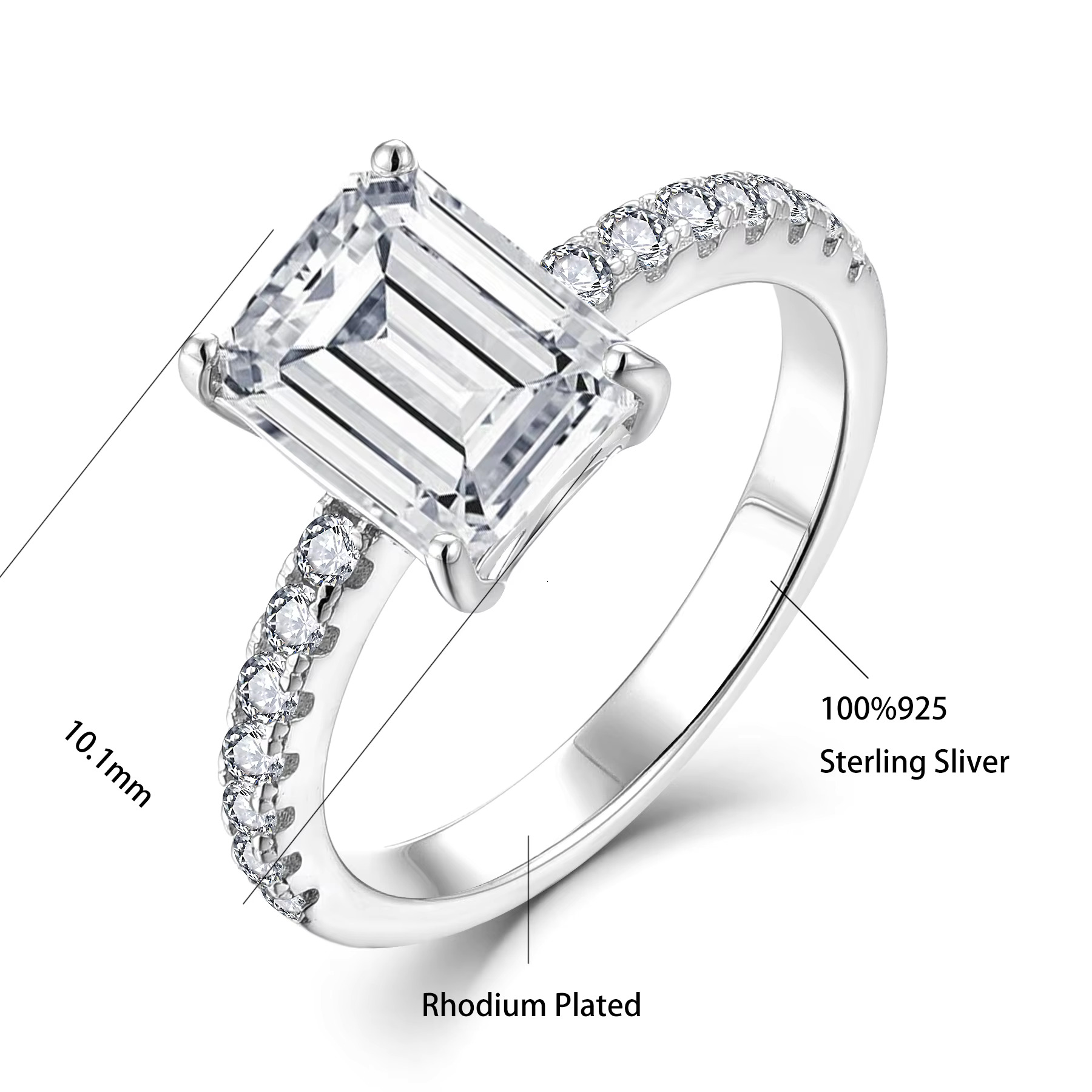 Luxury Dainty 925 Silver Diamond Ring Emerald Cut Iced Out VVS Moissanite Ring for Women Wedding Engagement Jewelry