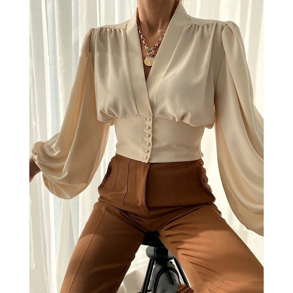 Heat resistant short top for women with fashionable buttons Vneck lantern sleeves Tshirt womens clothing printed shirt 250311