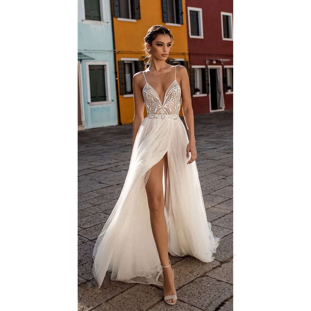 A Elegant E Wedding Dresses Side Split Spaghetti Sexy Illusion Boho Beach Vestidos De Novia Pearls Backless Bohemian Bridal Gowns