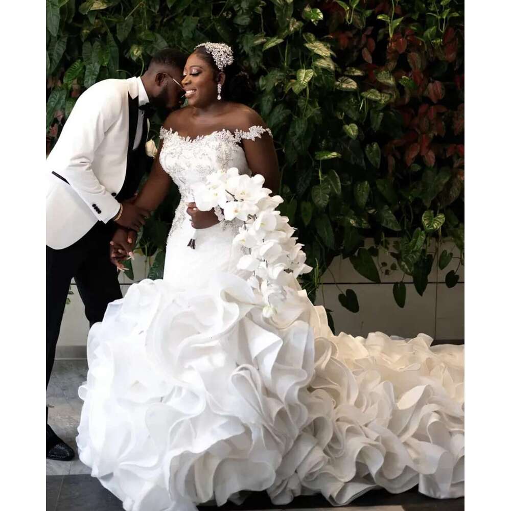 Arabic Size Mermaid Dresses, Elegant Beading Applique, Dress, Layered Ruffles, Pleated Train, Wedding Dress