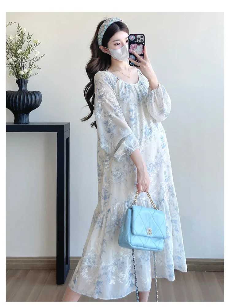 Plus Size Pregnant Woman Floral Dress for Spring Long Sleeve Fashion Embroidery Maternity Beach Dress with Liner Holiday ClothesT250311