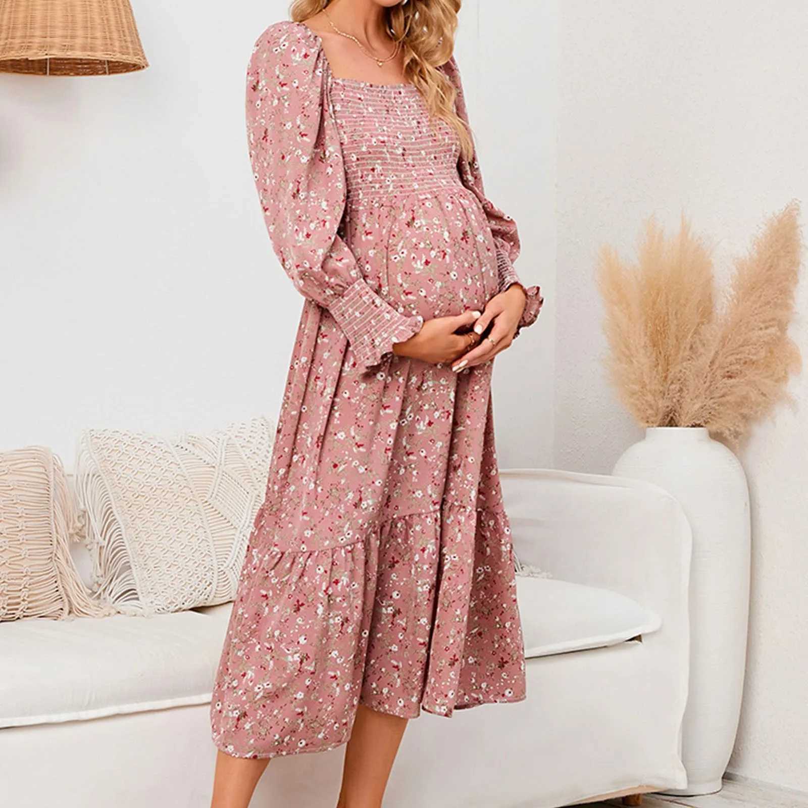 Women Support Belly Spring Pregnant Chiffon Dress Small Floral Dress Long Sleeved Dress Pregnants Holiday Party Dresses WomenT250311
