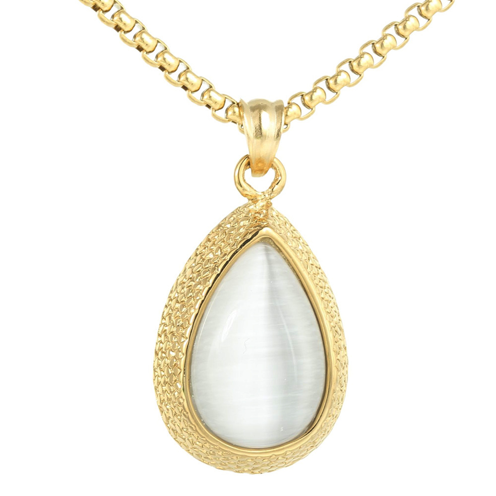 Classic Stainless Steel Cat Eye Stone Waterdrop Pendant Necklace Sweater Chain