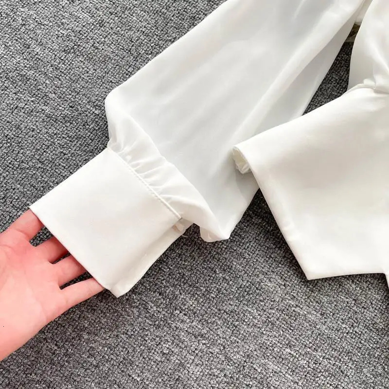 White casual polo neck zipper button fluffy sleeve straight womens shirt clothing top fashion 250310