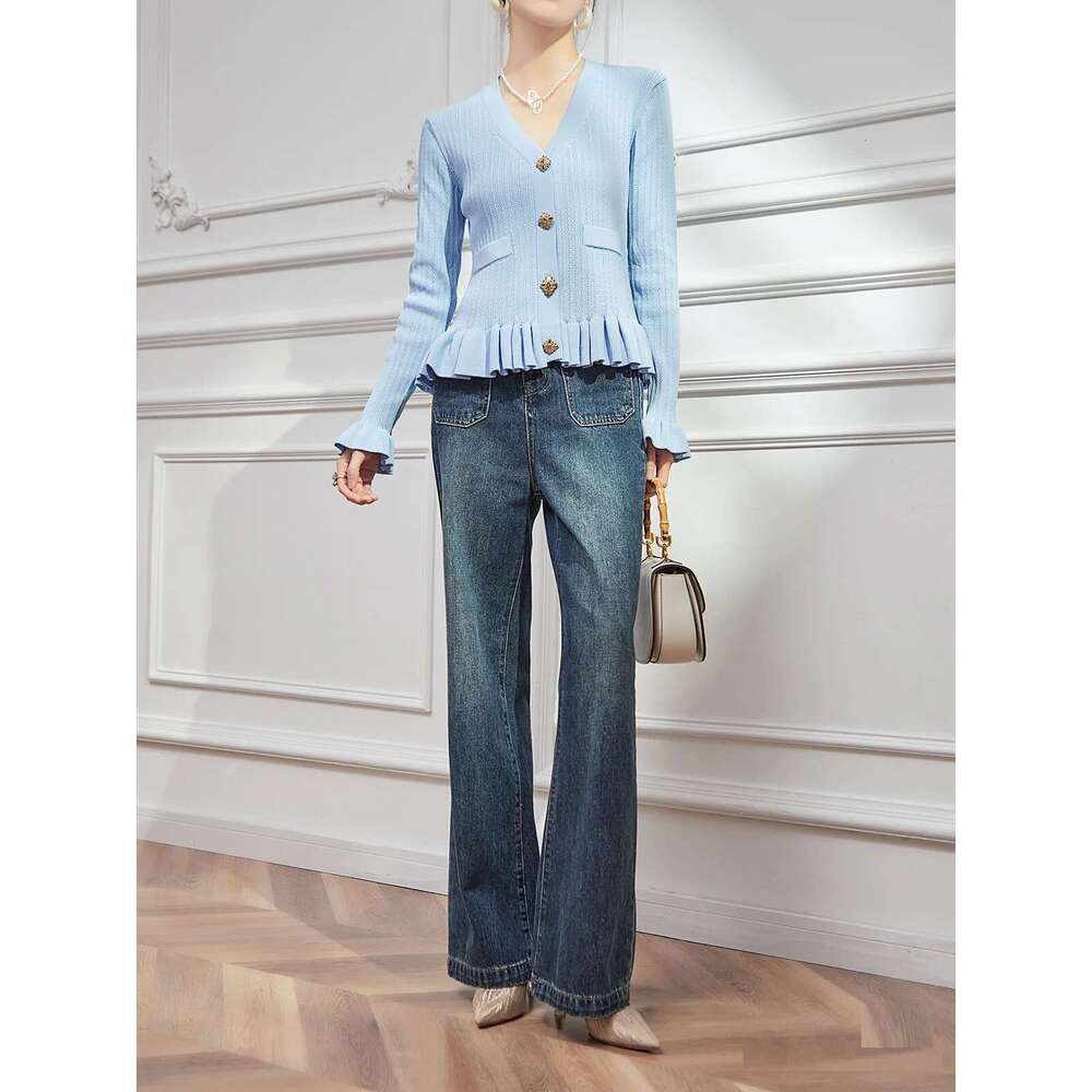 Autumn Diamond Decoration Long Sleeved Cardigan Temperament V-Neck Hollow Waist Knit Top Socialite Ruffle Edge Sweater