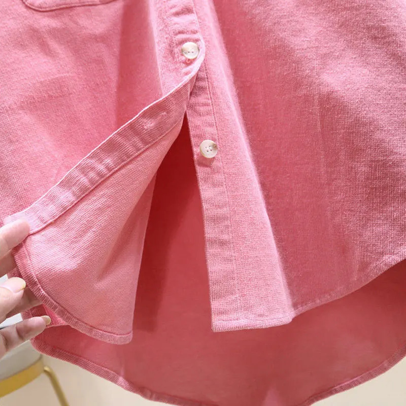 Pink Corduroy Cotton PoloNeck Single Breasted Long Sleeve Womens Blouse Shirt Casual Female Clothing Tops Fashion Autumn 250310