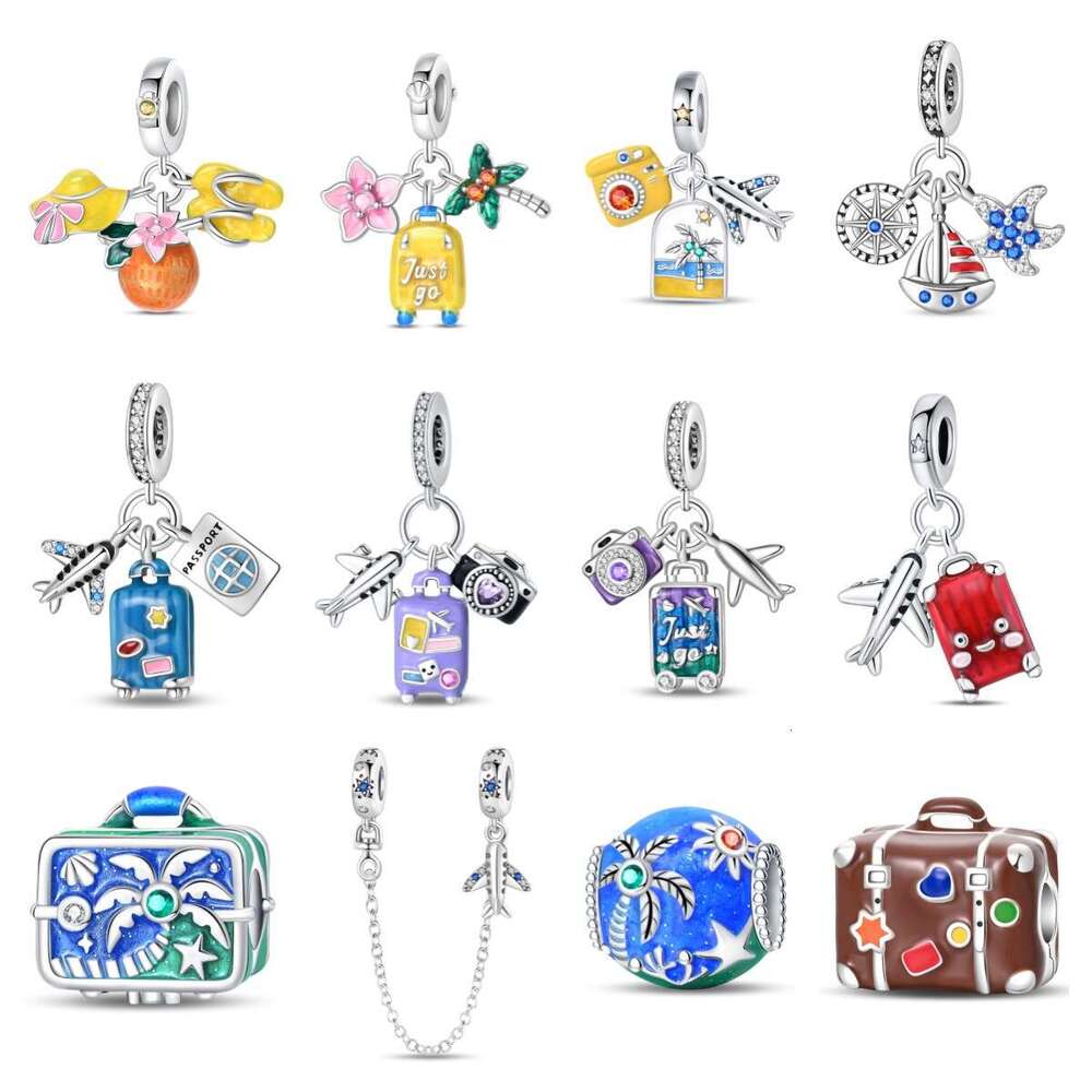 Summer Ocean Travel vacation airplane Charms Retro Luggage beads DIY jewelry 925 Sterling Silver bracelet for women gift