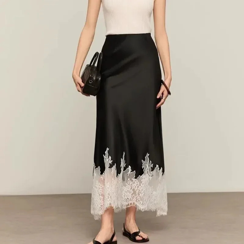 Fairy LaceTrim Midi Satin Skirt High Waist Elegant Wrapped Hip Long Skirts Party Fashion Trends Summer Women Clothing 250311