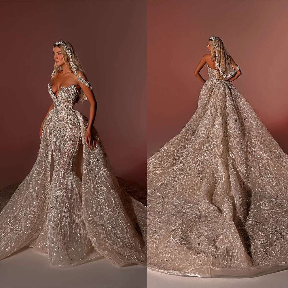 Mermaid V Neck, Sequined Lace, Sleeveless Bridal Dresses, Detachable Train, Custom Made