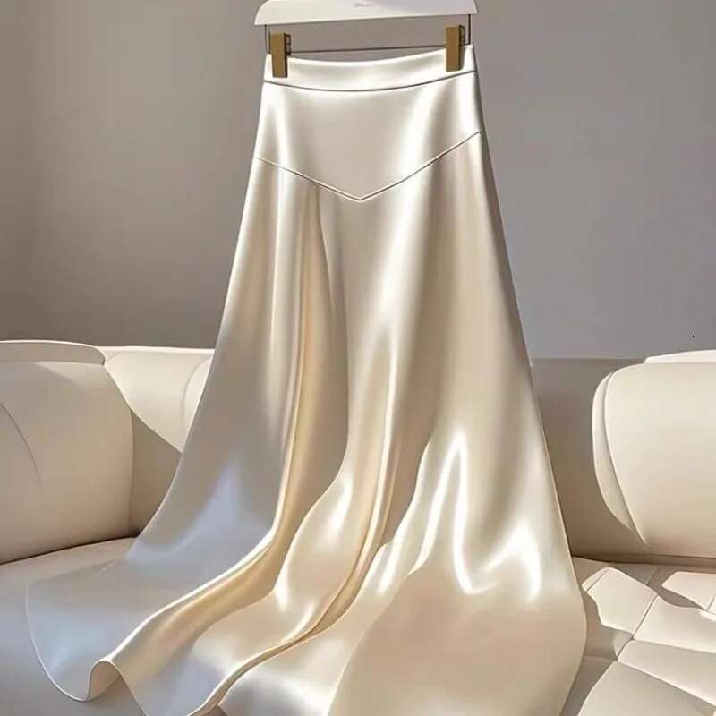 Spring Autumn Elegant Temperament Solid Color Satin Women Clothes Simplicity Office Lady All-Match A-E Skirt