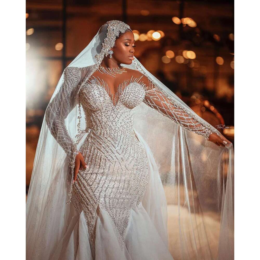 Fashion Tulle Beads Wedding Mermaid Sexy Sleeve Full Dresses Crystal Lace Bridal Party Dress