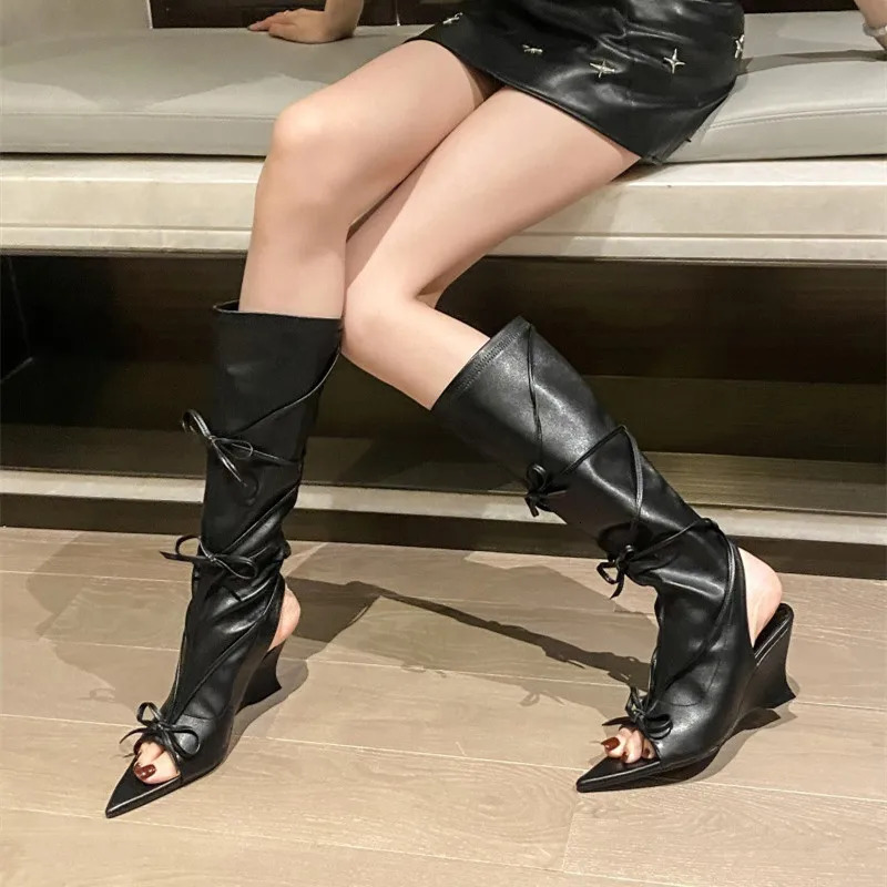 Spring Autumn Butterfly-knot Knee-High Women Boots Sandal Sexy Peep Toe Wedges High heels Leather Long Boots Shoes 250310