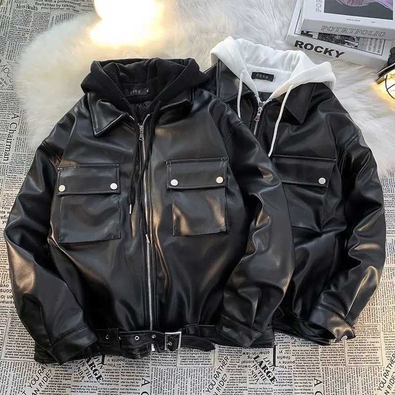 Pu Leather Mens Leather Jacket Street Fashion Hip Hop Vintage Hooded Leather Jacket Men Clothing Loose Casual Mens Jacket TopsT250311