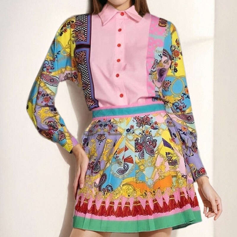 2025 Spring New Printed Long Sleeve Shirt Top+Pleated Skirt Women's Two Piece Set KLMY