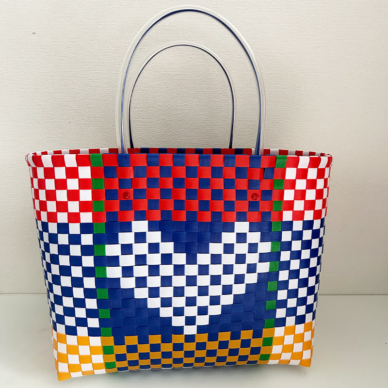 Hand-Woven Bag, Large-Capacity Love Women's Handbag, Grocery Shopping Blue, Open Plastic Bag.