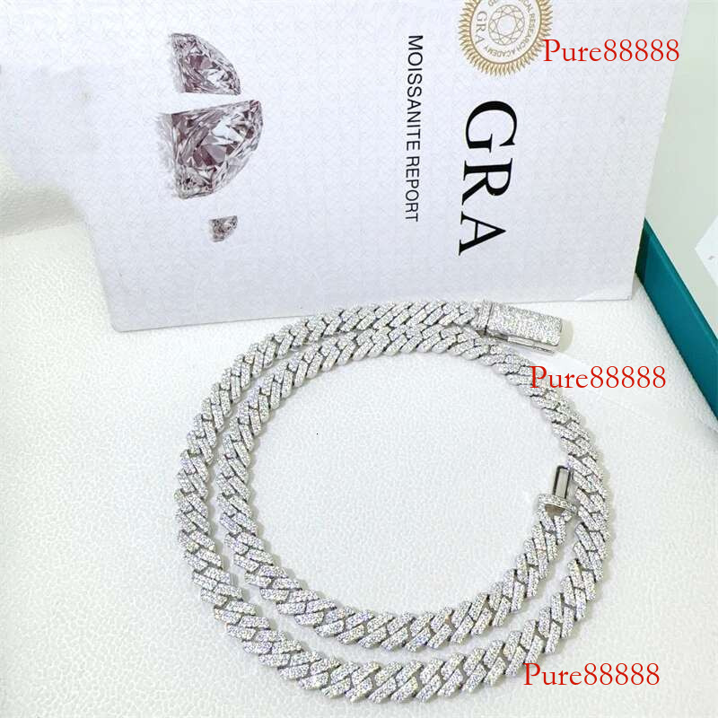 8MM Cuban Hiphop 2 Row D VVS Moissanite Dia Miami Chain Necklace Sterg Sier Pass Tester Gift