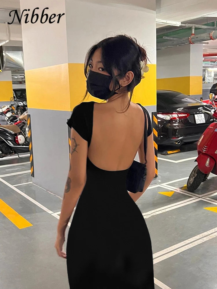 Nibber Solid Sexy Backless Maxi Dress Women Elegant Elastic Slim Short Sleeve Long dresses Female Bodycon Streetwear Clothing 250311