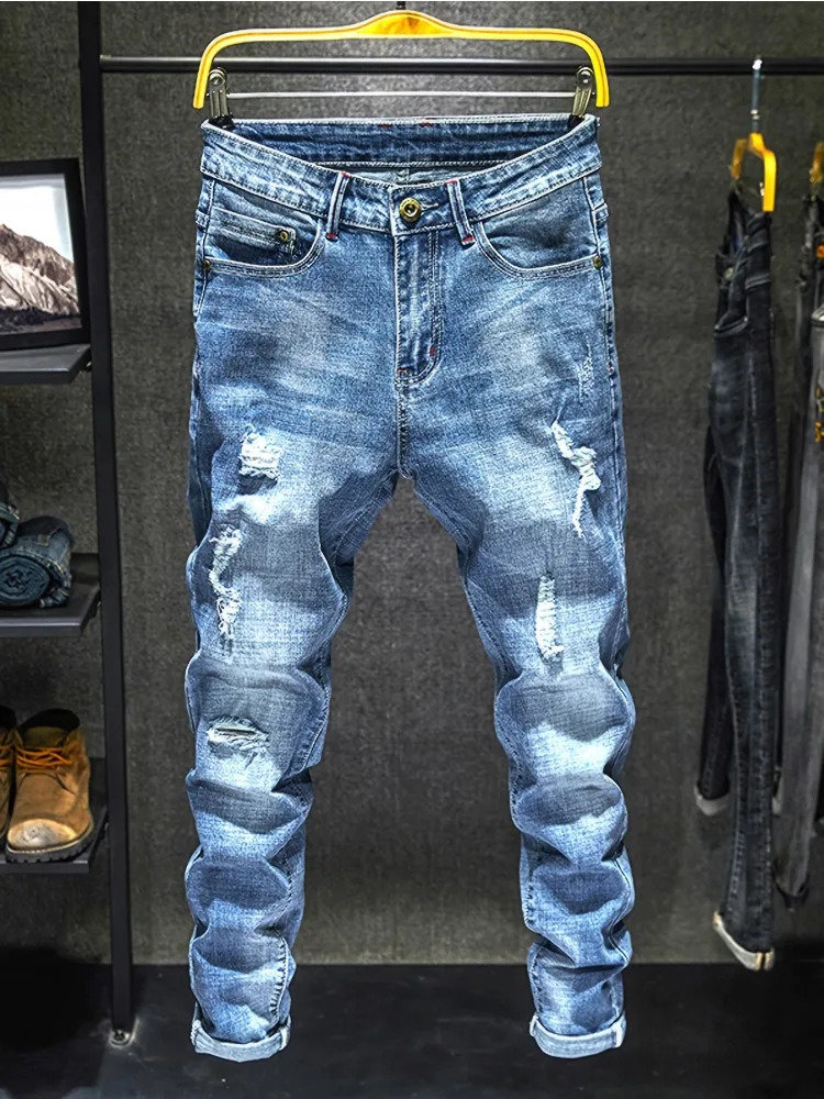 Mens Stretch Skinny Ripped Jeans Distressed Blue Denim Pants Fashion Streetwear Personality Hip Hop Trousers Male Trendy 250311