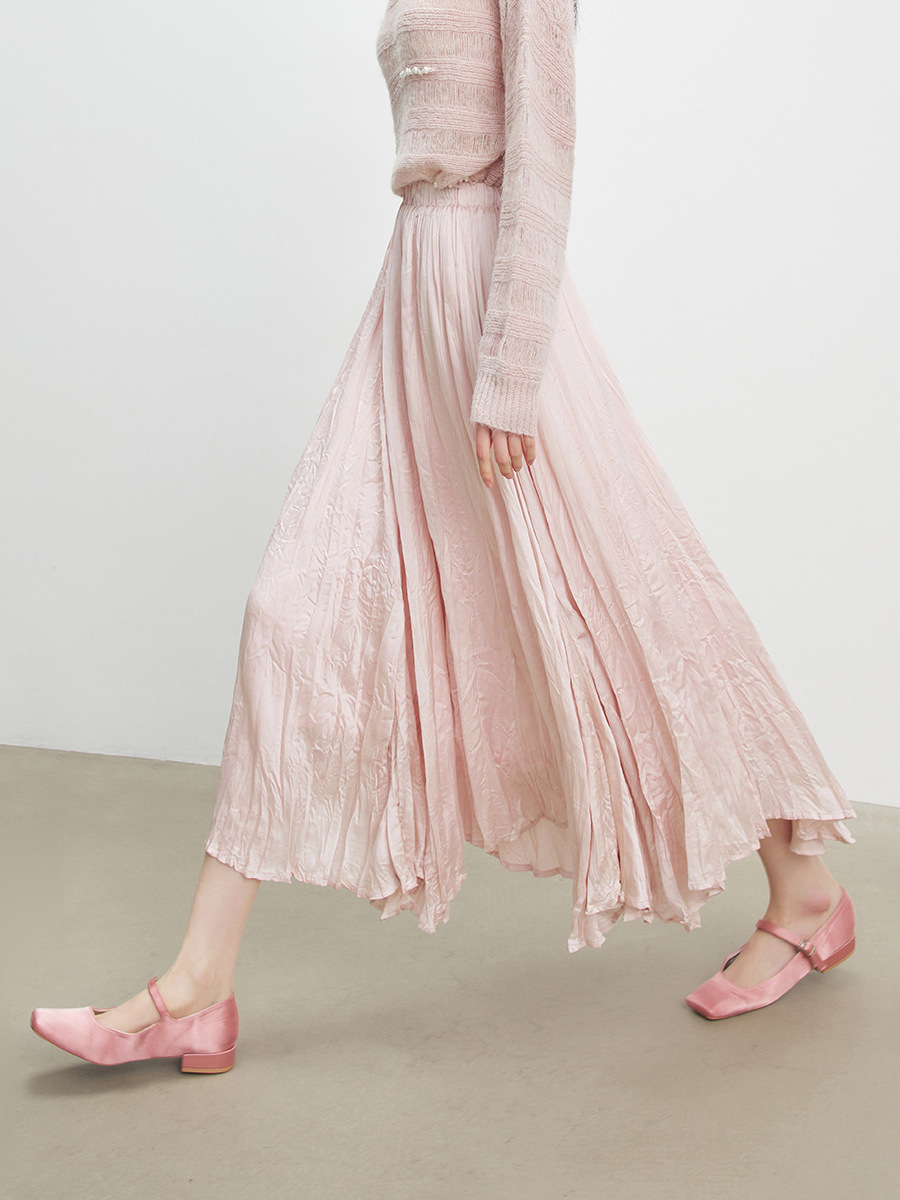 L41001 high texture pink pleated pleated skirt female a-line skirt pleated skirt long skirt