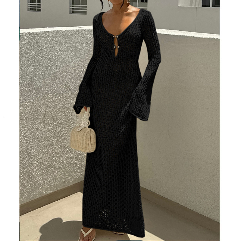 New Hollowed Out Texture V-Neck Round Button Sleeved Vacation Dress, Beach Sunscreen Backless Long Skirt