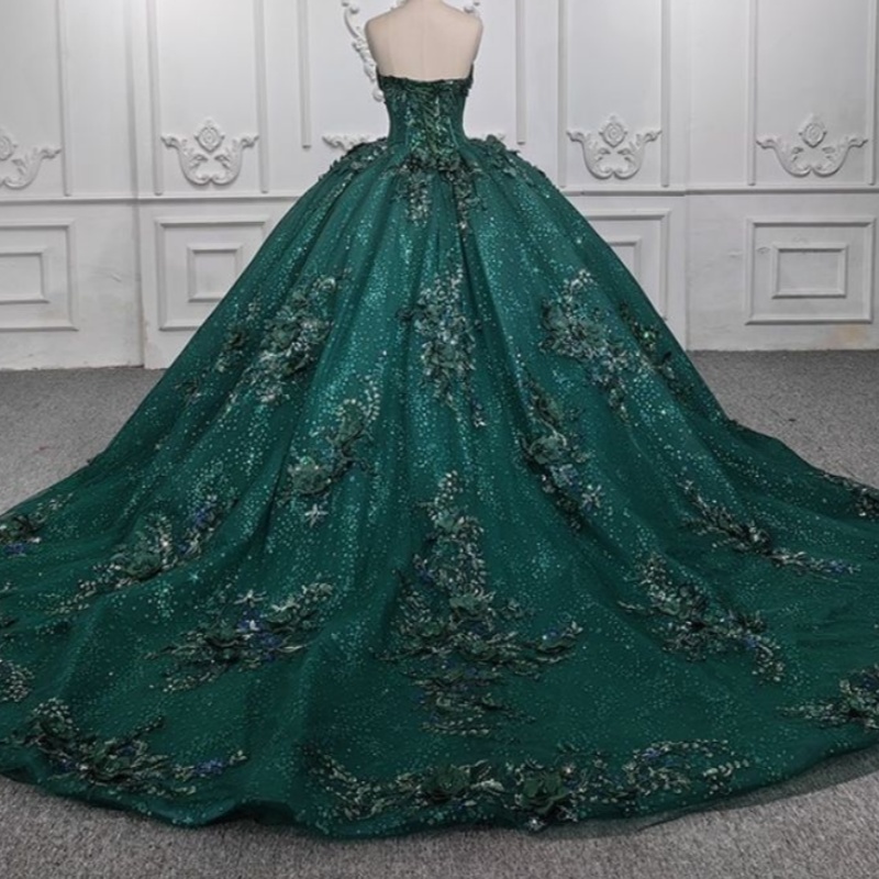 Blackish Green Shiny Off The Shoulder Ball Gown Quinceanera Dresses Birthday Party Dress Applique Flower Beaded Tull Sweet 16 Dress Vestido De 15 Anos