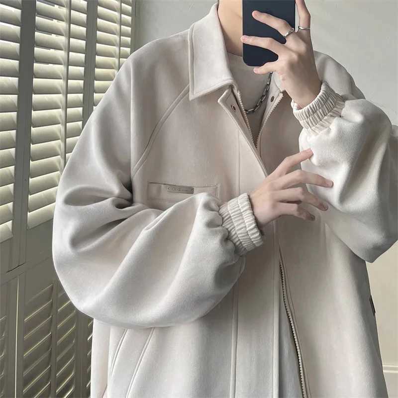 American Retro Lapel Suede Bomber Jackets Mens Spring Casual Loose Zipper Cargo Jacket High Street Fashion Y2K Cardigan CoatsT250311