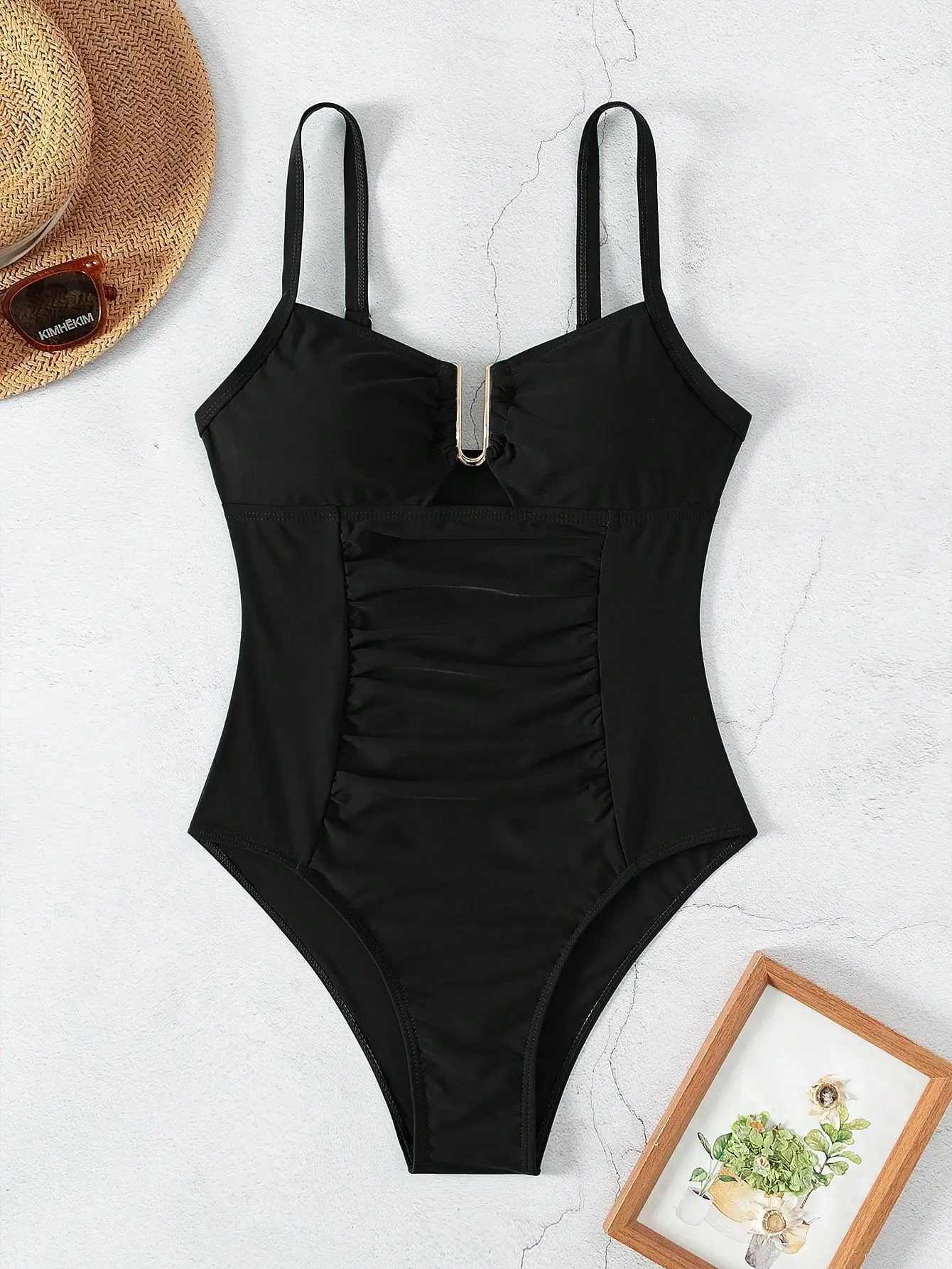 Summer black camisole one-piece swimsuit with front tie;T250310